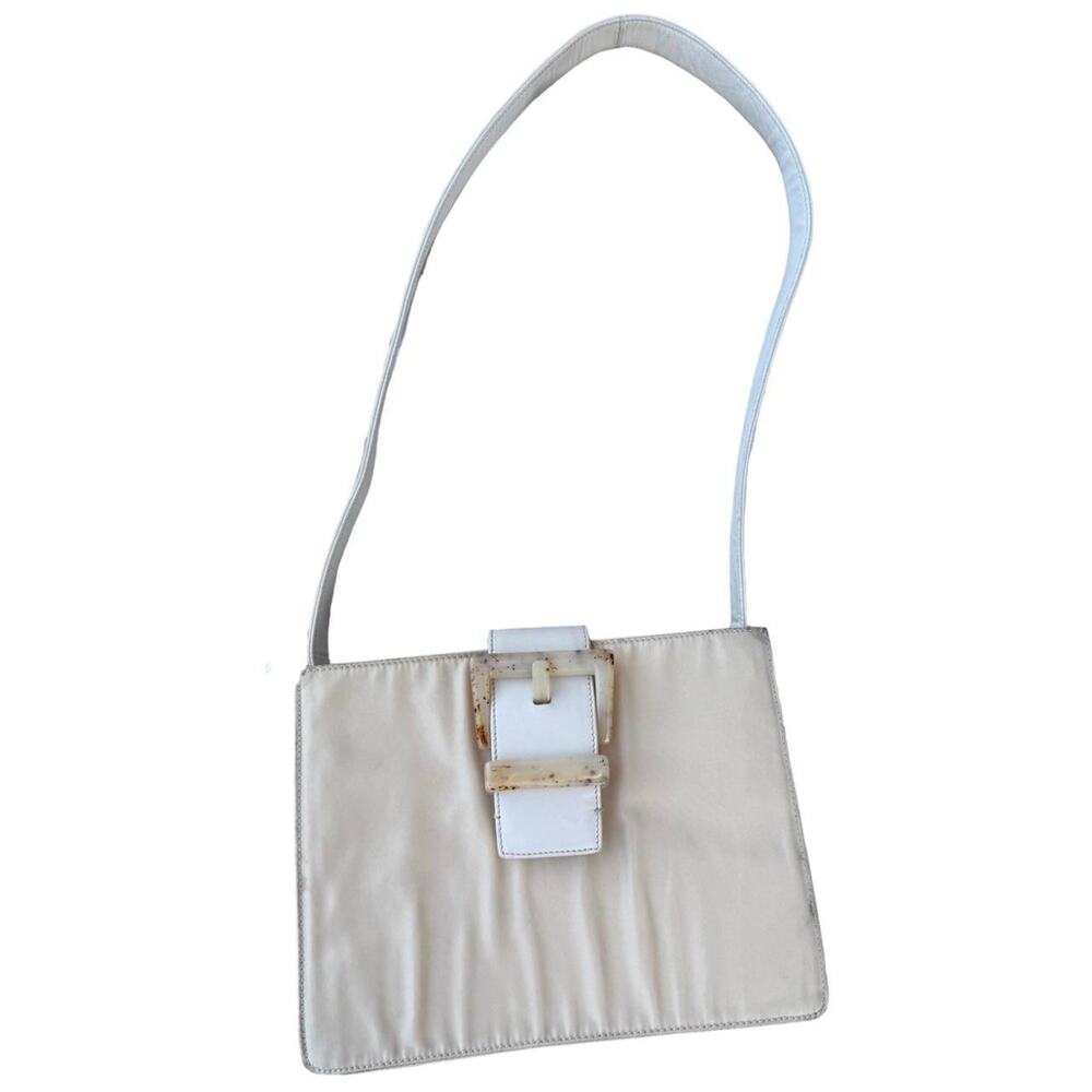 🤍 PRADA Beige Nylon & White Leather Shoulder Bag – Authentic 97441 🤍